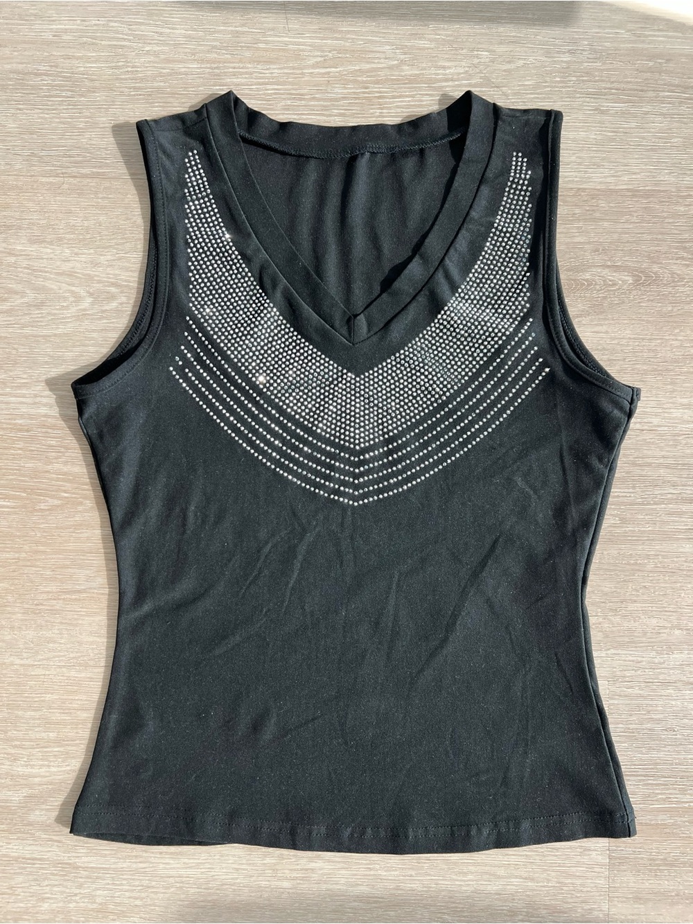 Black Sleeveless Women’s Festival Bedazzled V-Neck Top with Rhinestone Accent